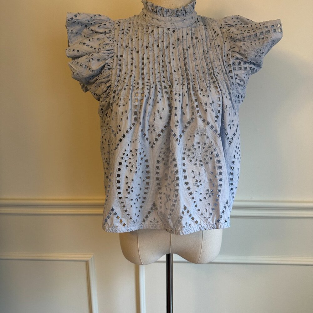 GANNI eyelet blouse in light blue ~ size M, pre-owned! - Picture 1 of 3